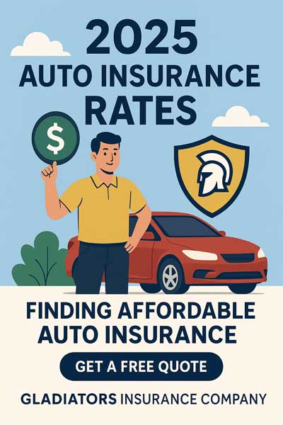 Man standing next to a red car holding a dollar sign, with “2025 Auto Insurance Rates” and Gladiators Insurance Company logo above.