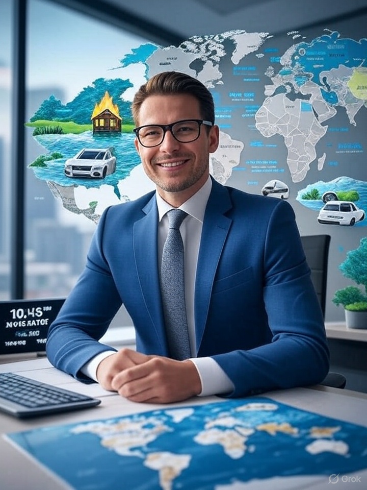 Professional at Gladiators Insurance desk with coverage icons (fire, flood, auto) and global map, 10:46 AM EDT, June 26, 2025.