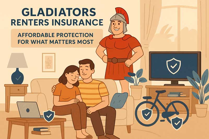 Couple relaxing in a protected home with Gladiators Renters Insurance mascot and shield icons over personal items.