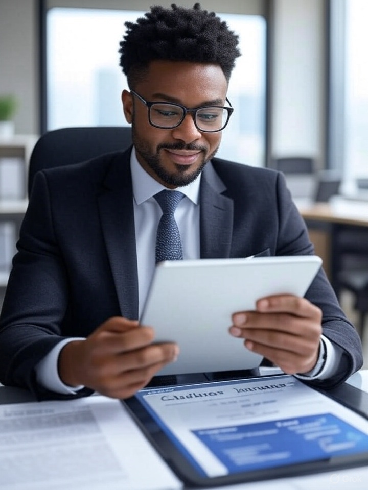 A professional reviews Gladiator Insurance quotes on a tablet at 10:01 AM EDT, June 26, 2025, with charts showing cyber, construction, and health coverage, in a modern office with large windows.
