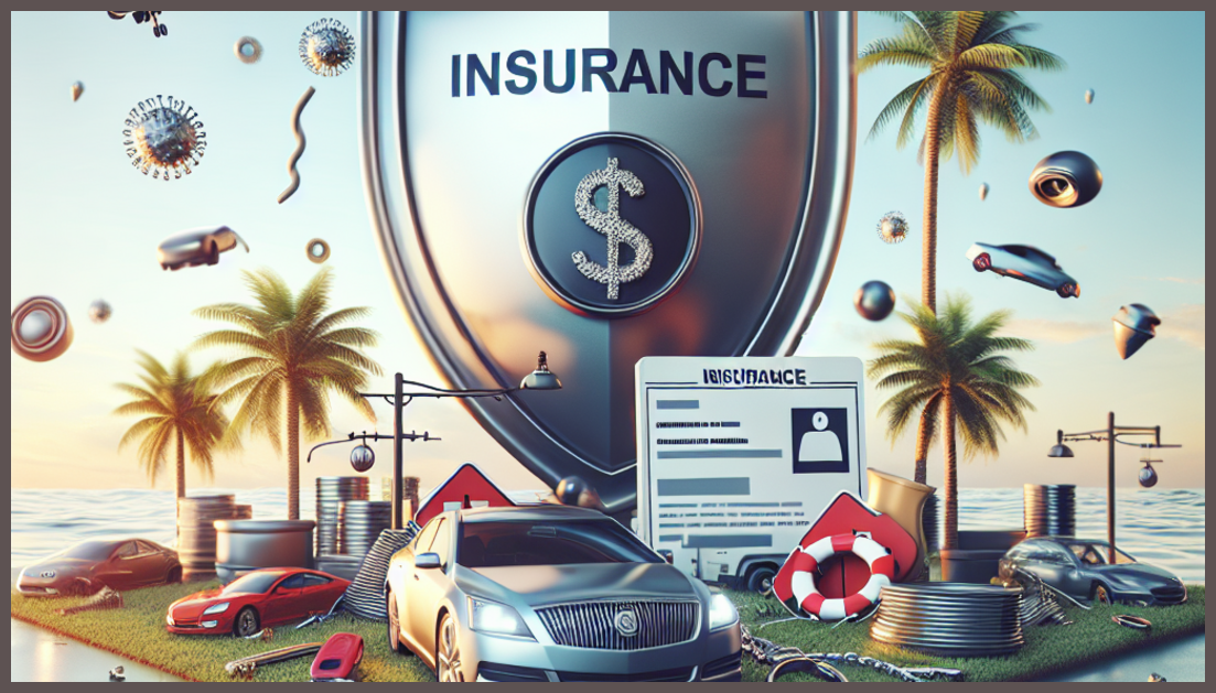 Stylized image of Florida with insurance symbols and protection elements.