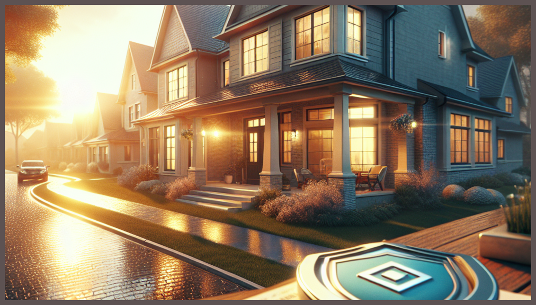 A cozy home surrounded by symbols of insurance savings.