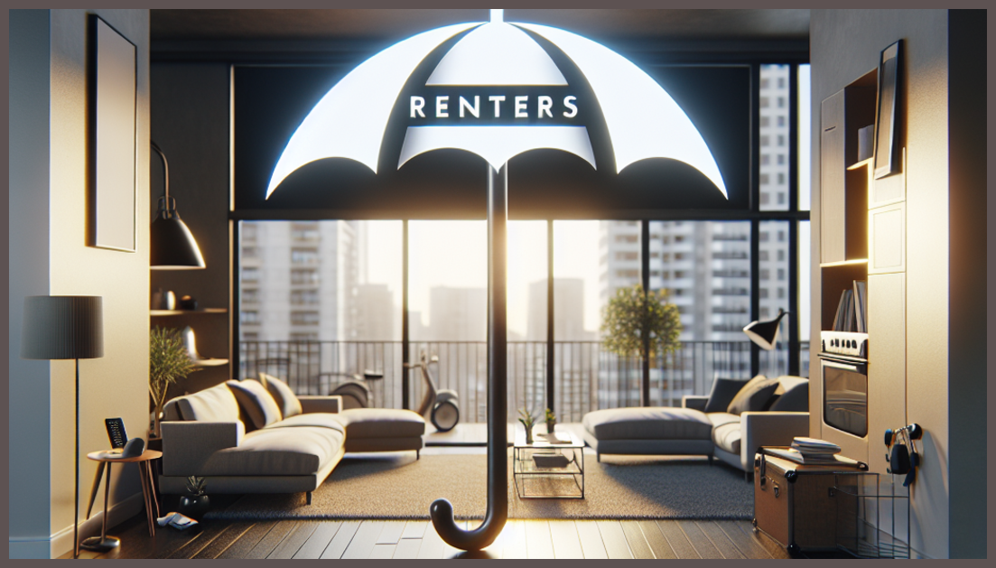A cozy apartment with a visible insurance umbrella symbol.